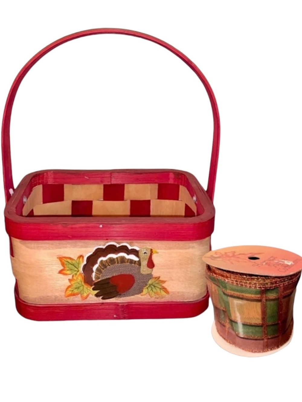 Thanksgiving Turkey Basket & plaid ribbon holiday decor fall autumn  NWT